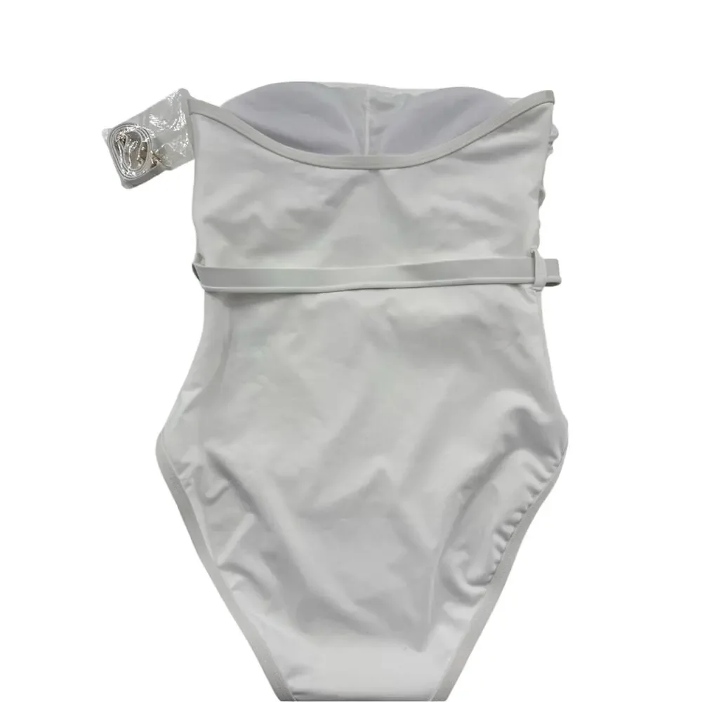 NWOT Michael Kors White Bandeau Monogram Belted Swimsuit Removable Straps Size 6